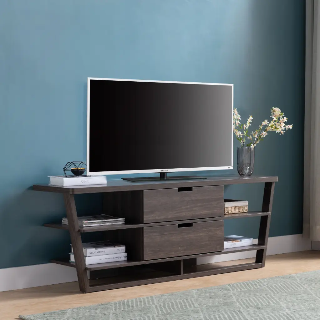 Tv Stand Brown Walnut Floating Shelves, Drawers, And Cutout Ha id usa