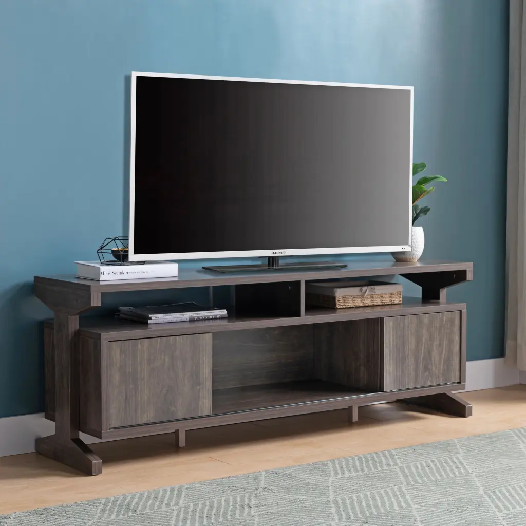 Tv Stand Brown Walnut Sliding Doors And Five Shelves Spacious id usa