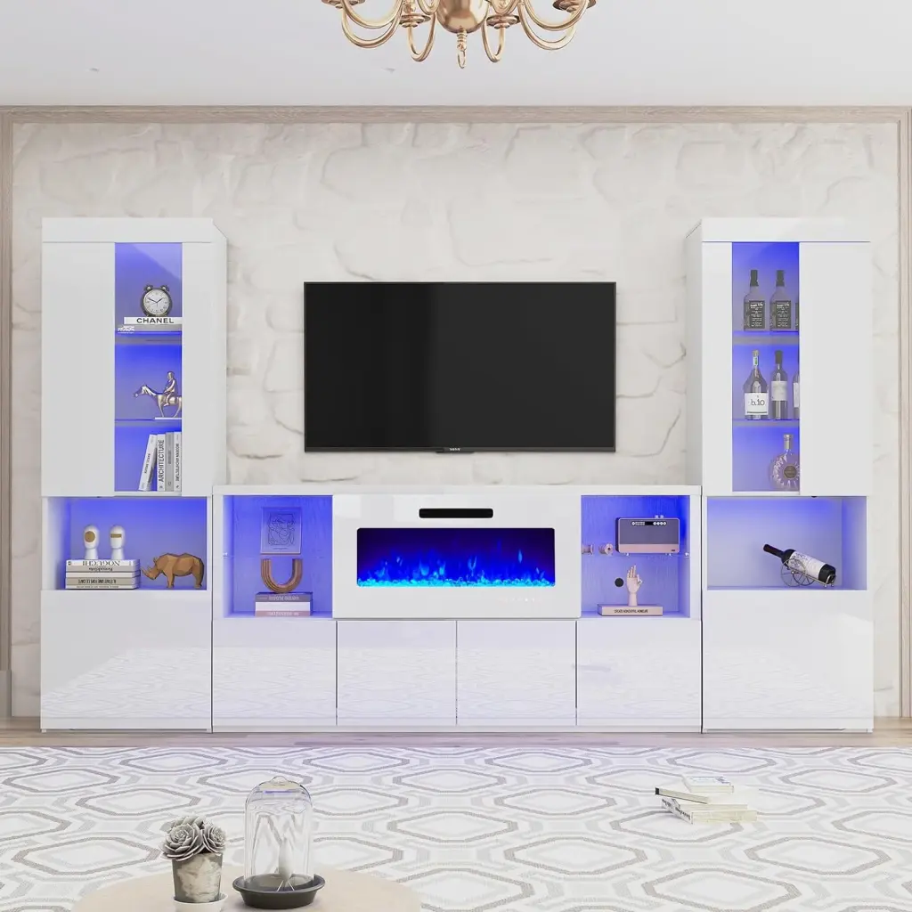 AMERLIFE 3 Piece Modern High Gloss Fireplace TV Stand + Bookcase Set LED Lights White
