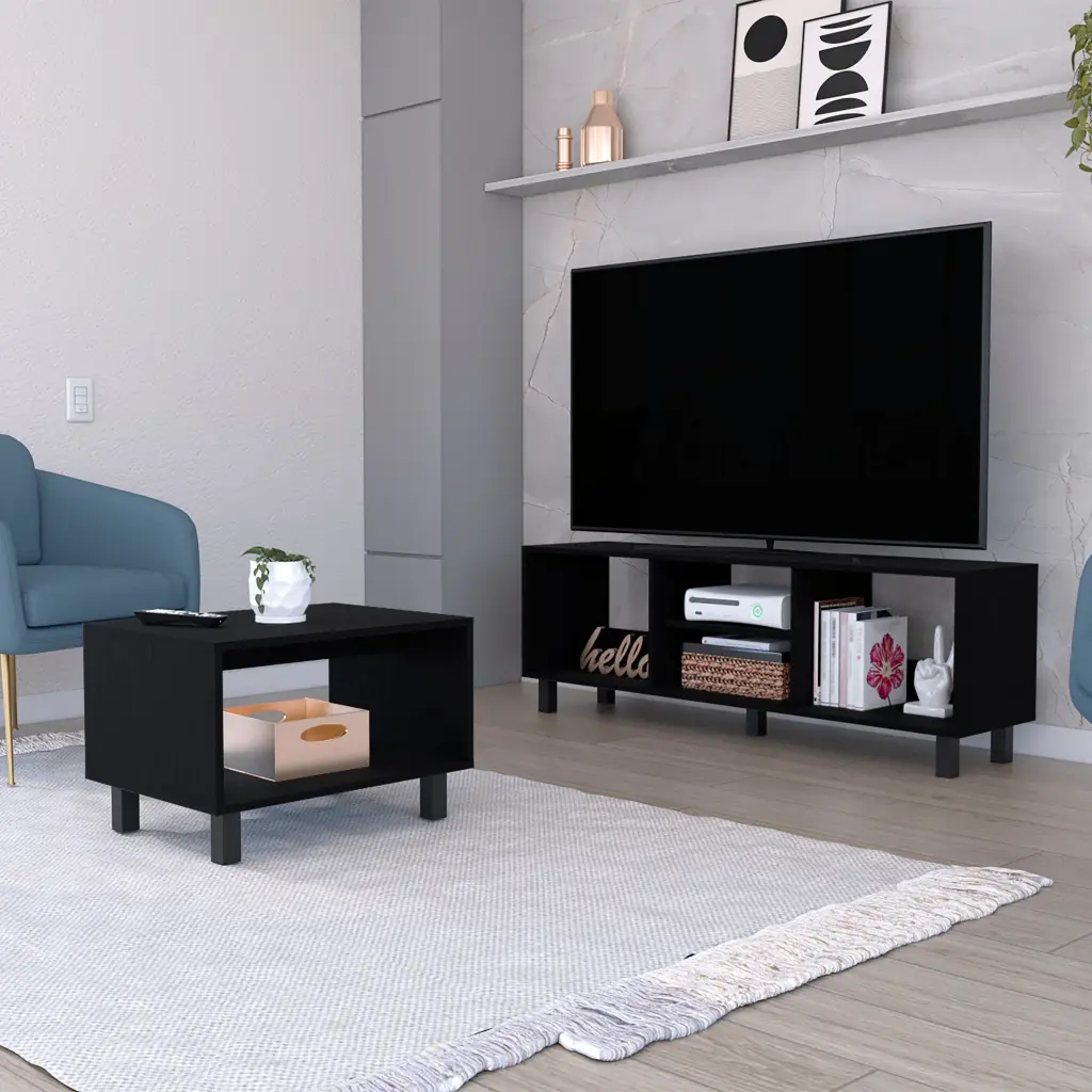 Hoven 2 Piece Living Room Set TV Rack And Coffee Table Black Modern Design fm furniture