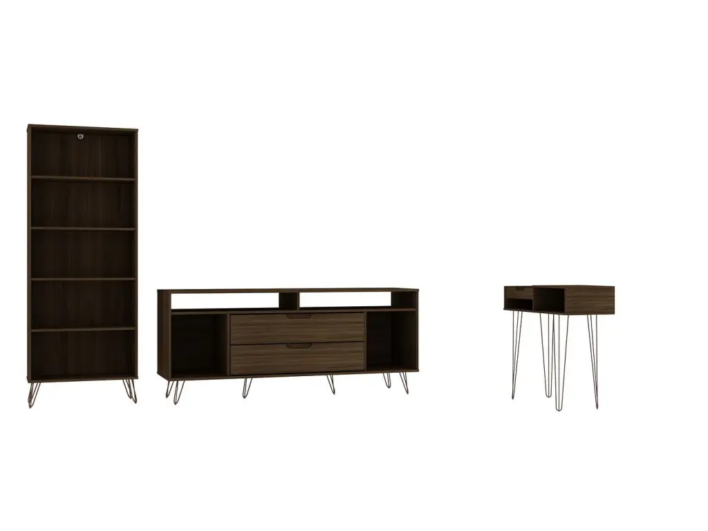 Manhattan Comfort Rockefeller 3-Piece TV Stand Living Room Set Bookcase and Console Brown
