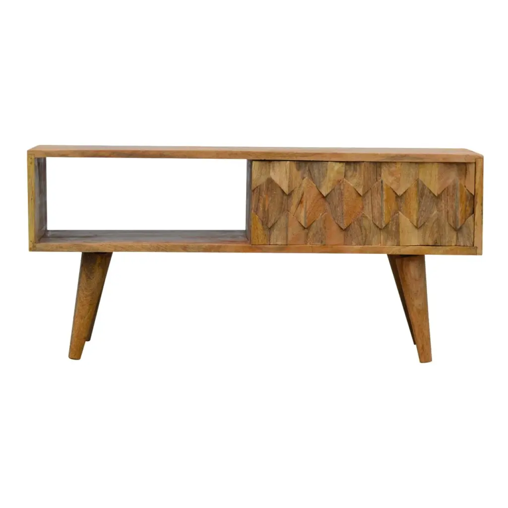 Pineapple Carve Sliding Media Unit Oak Timber Rattan TV Stand artisan furniture
