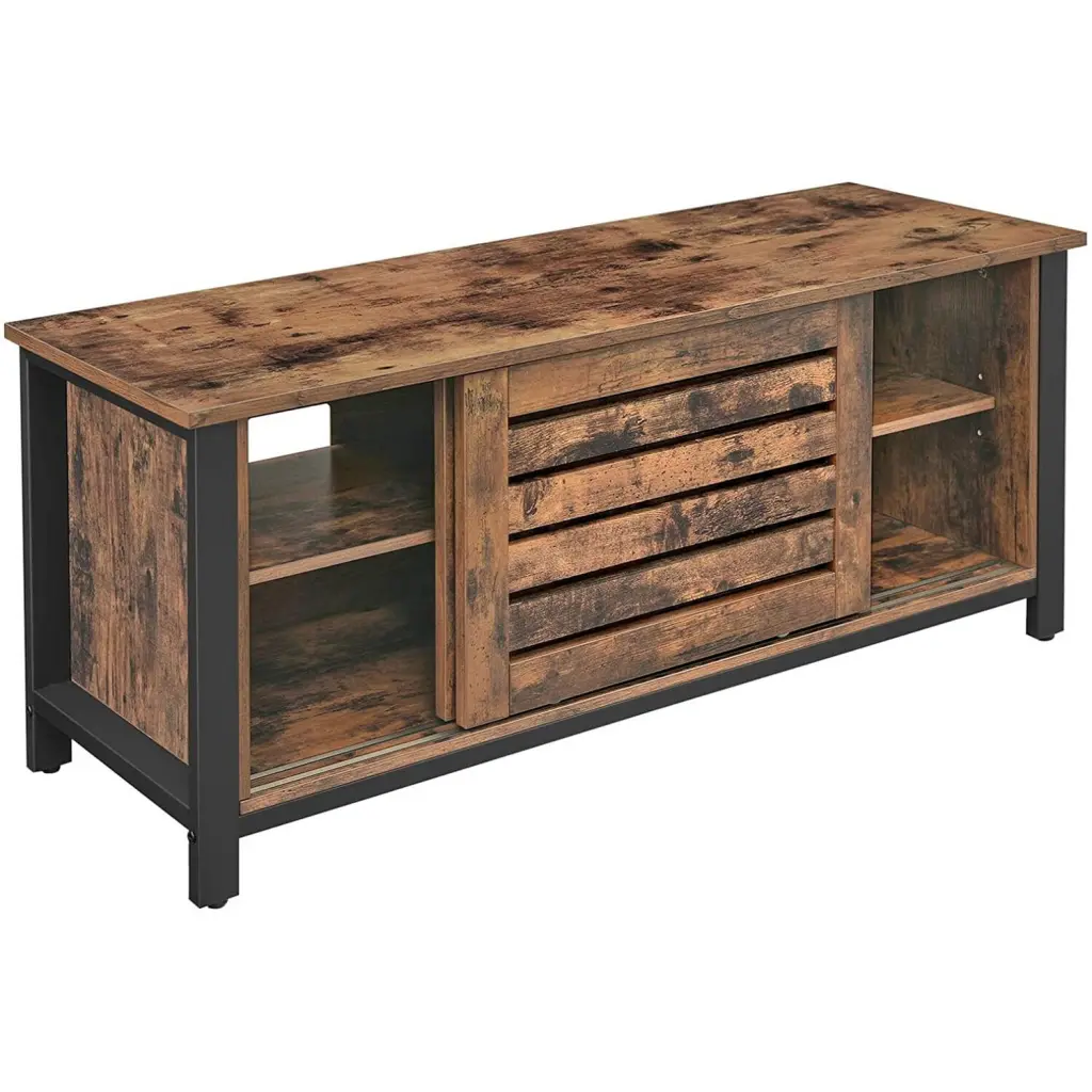 Benjara 50 Inch TV Stand Louvered Sliding Doors Brown and Black Convenience Concepts