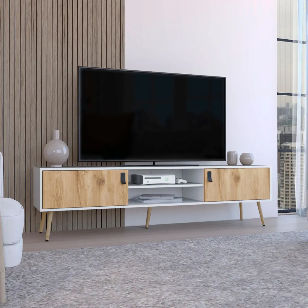 Toka TV Rack 2 Hinged Doors and Central Shelves White Macadamia depot e-shop