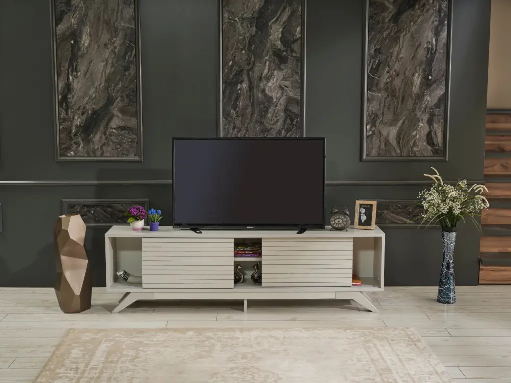 Furnishome Store Luxia Mid Century Modern TV Stand 2 Sliding Door Cabinets furnia