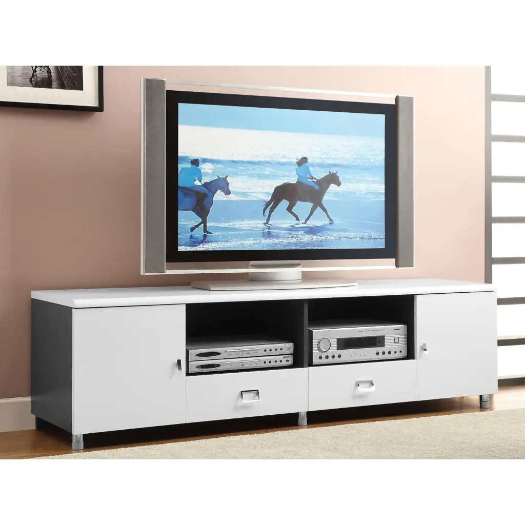 Glossy White And Grey 2 Drawer Tv Console White Primary Living Space 7 furniture max