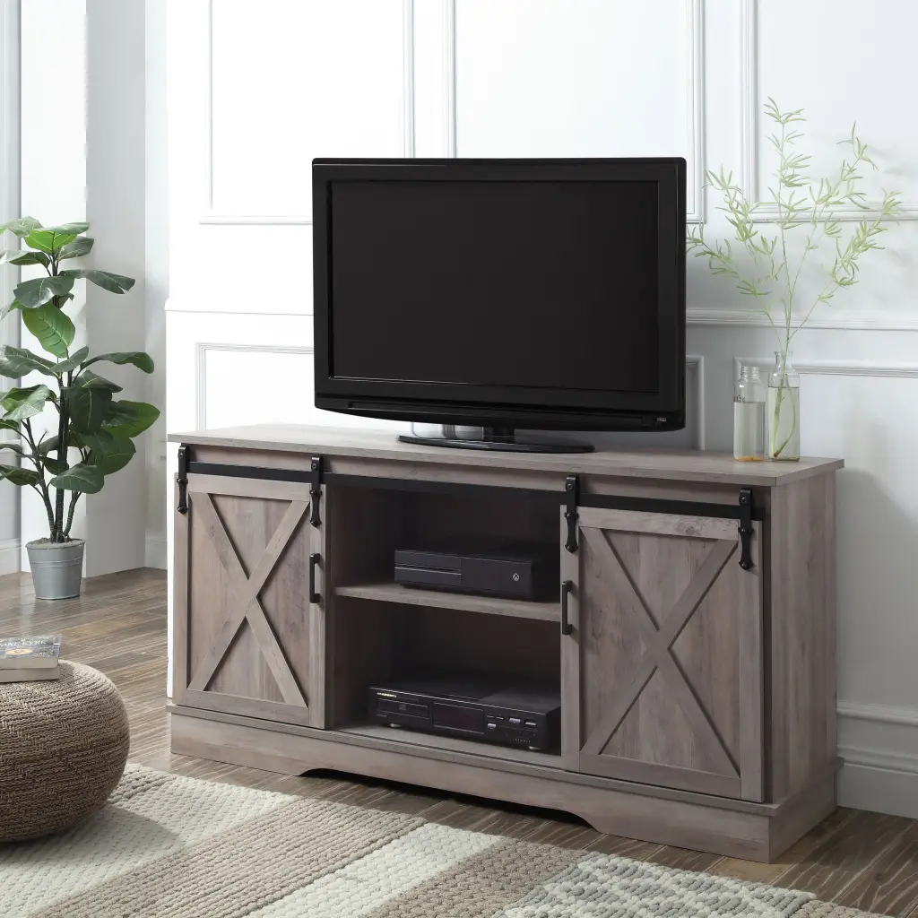Grey TV Stand 2 Sliding Barn Doors, 60-Inch Width furniture max