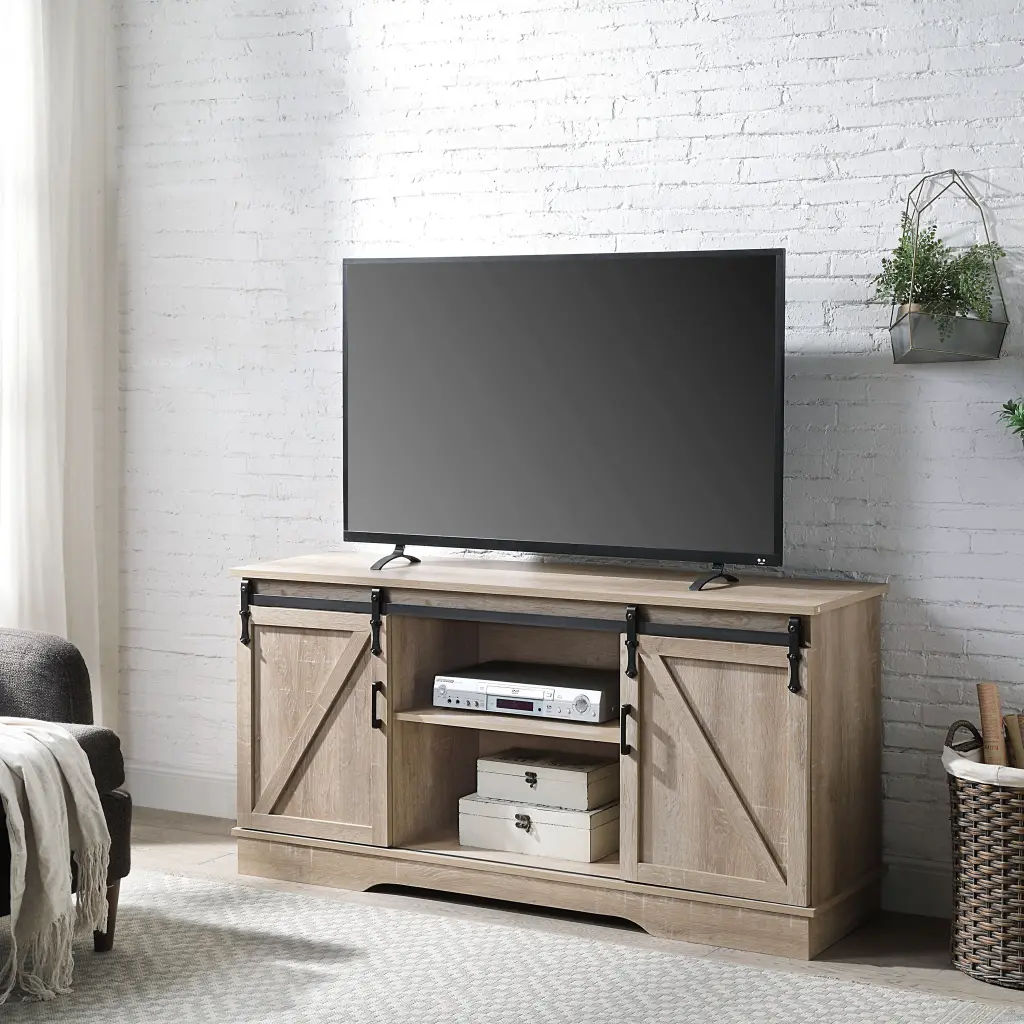 Oak TV Stand 2 Sliding Barn Doors 60 Inch Rustic Entertainment Center Living Room furniture max
