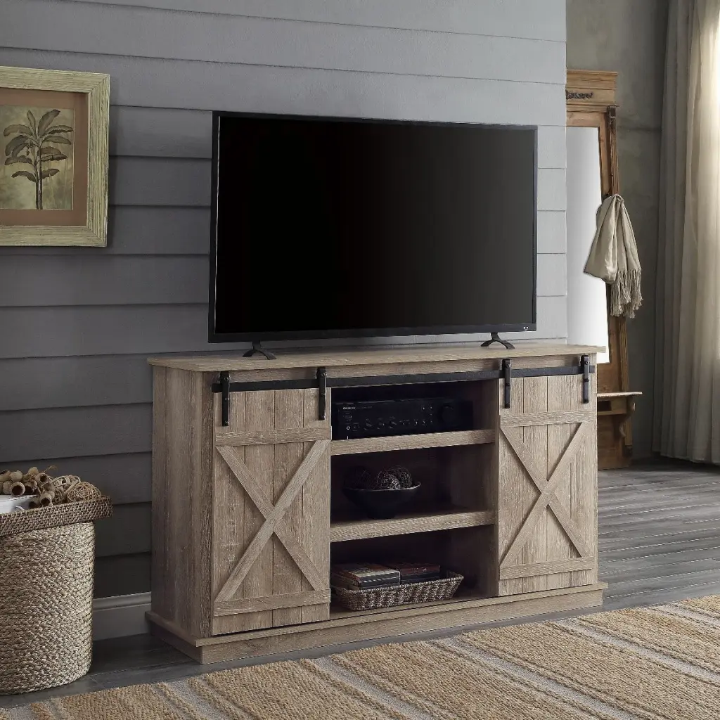 Oak TV Stand 2 Sliding Barn Doors Primary Living Space furniture max
