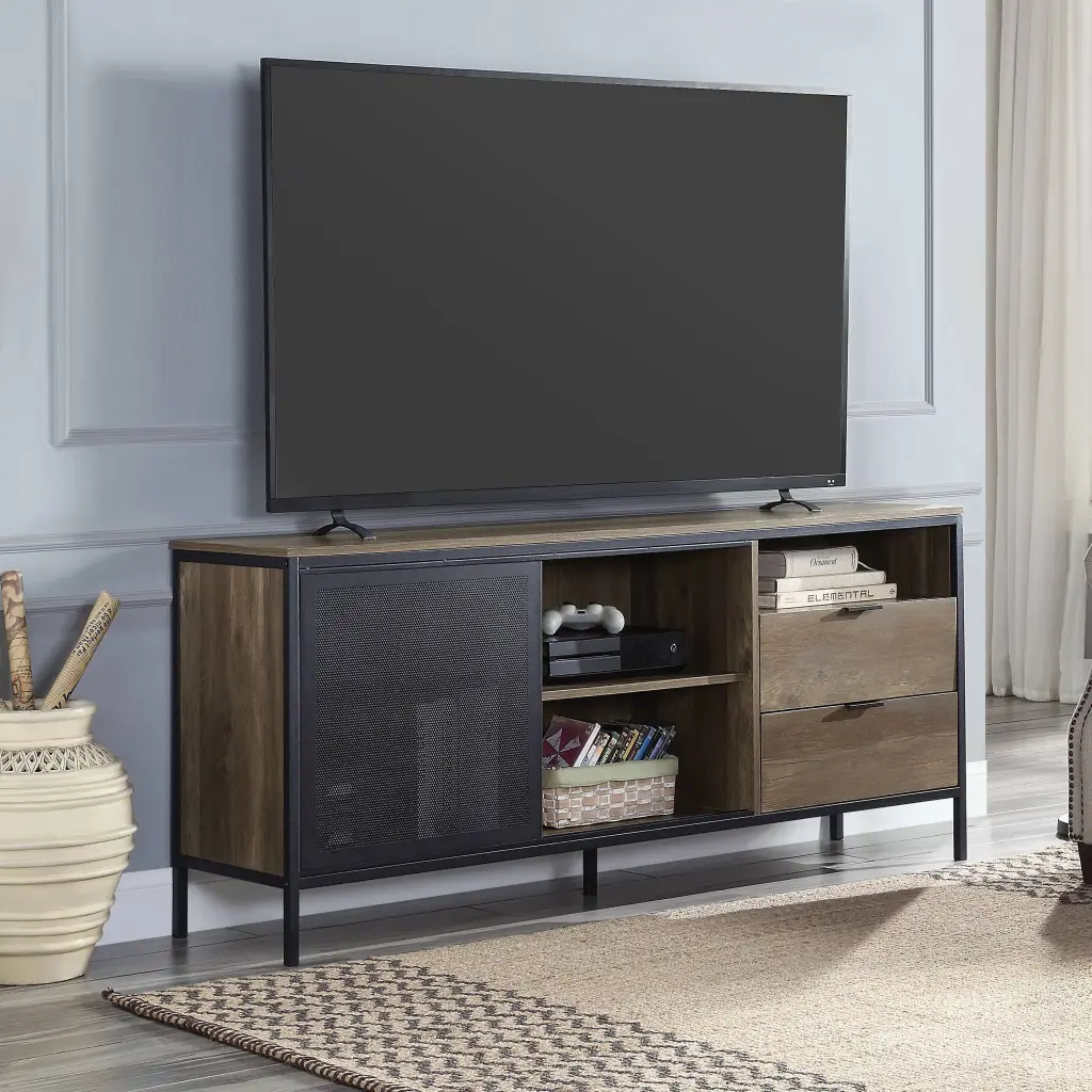 Rustic Oak and Black 2 Drawer TV Stand Sliding Door furniture max