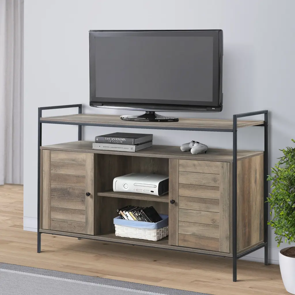 Rustic Oak and Black TV Stand 2 Doors Living Room furniture max
