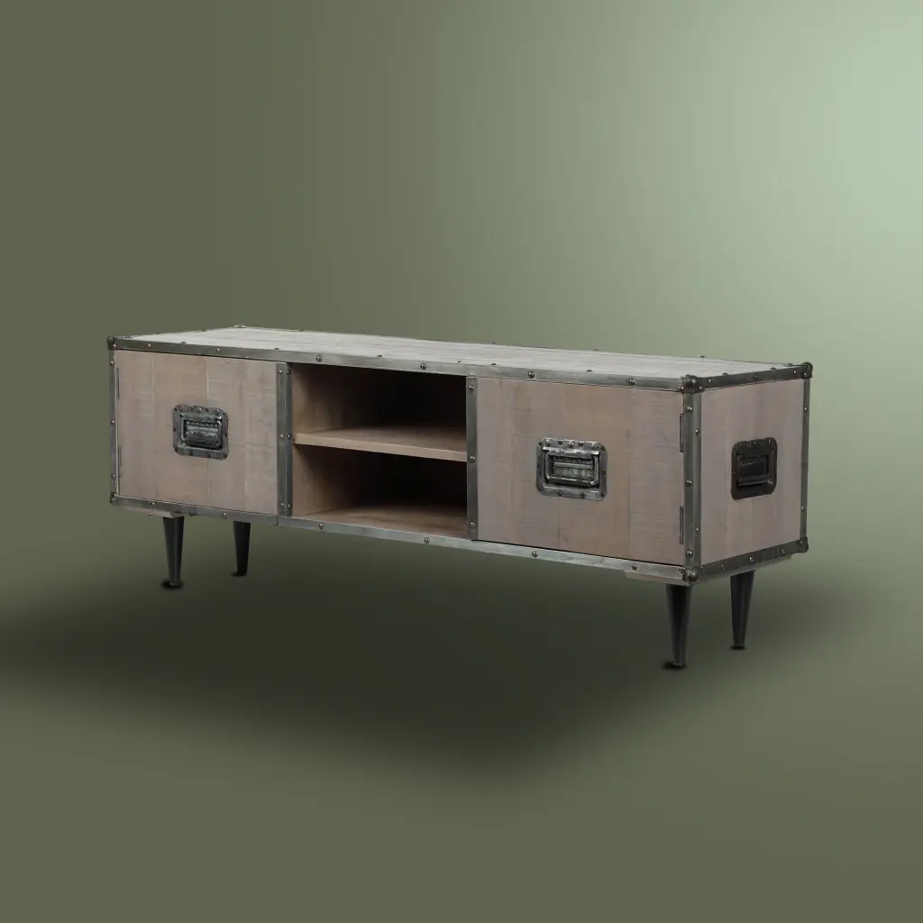 Modern 2 Door TV Cabinet MDF Back Black Metal Legs Grey Decorative Design global chain solutions