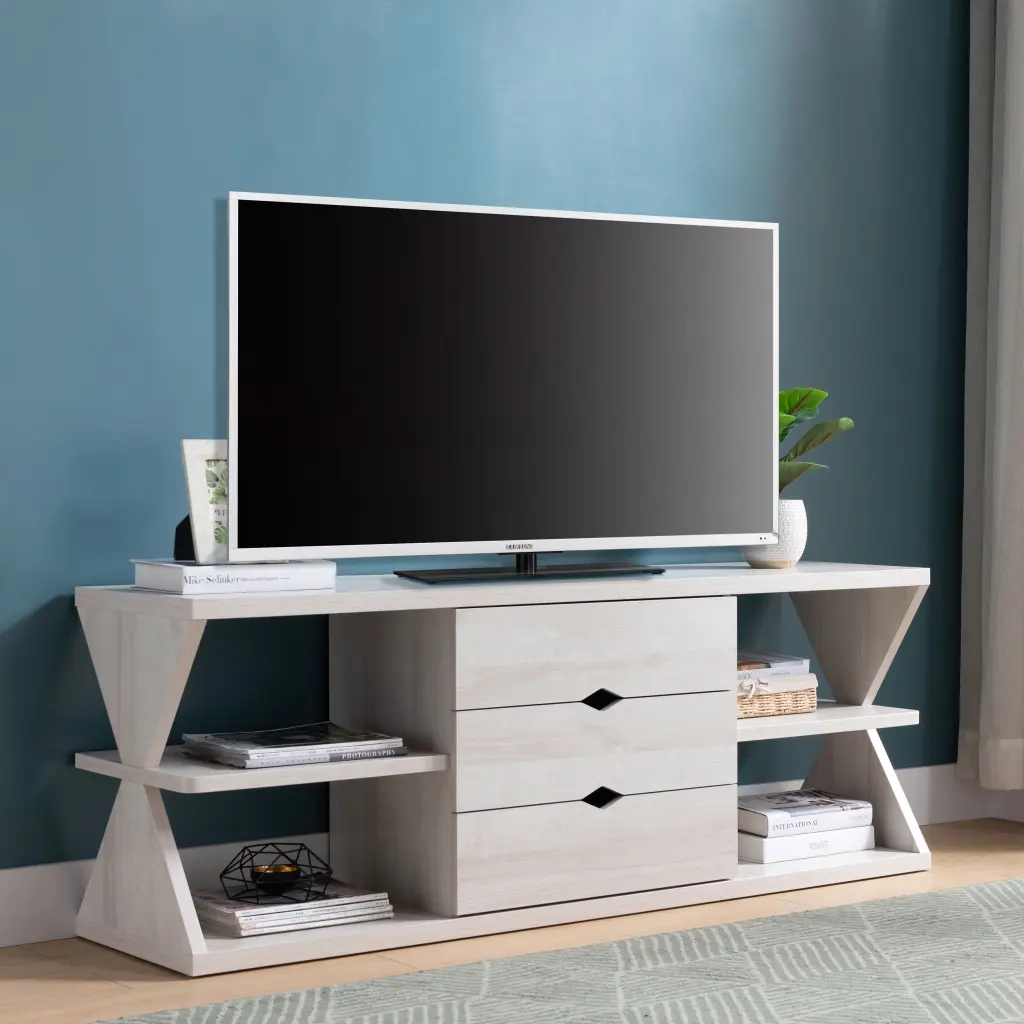 TV Stand White Oak Whimsical Leg Design Large Storage Three Shelves id usa