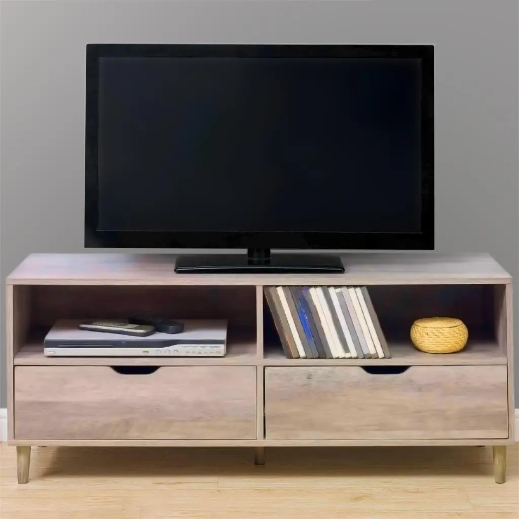 Kepooman Modern Oak TV Stand 2 Drawers and Open Shelves - Entertainment Center TVs up to 55 Inches