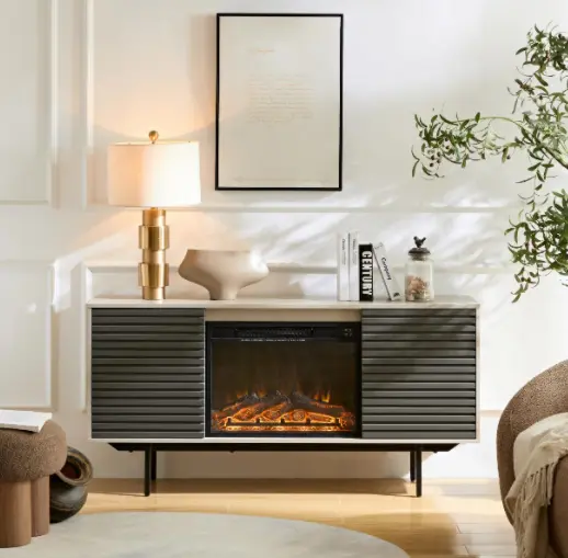 W9986G Cabinet Frame Light Gray Solid Wood Door Panel Dark Gray Fireplace TV Stand momore home