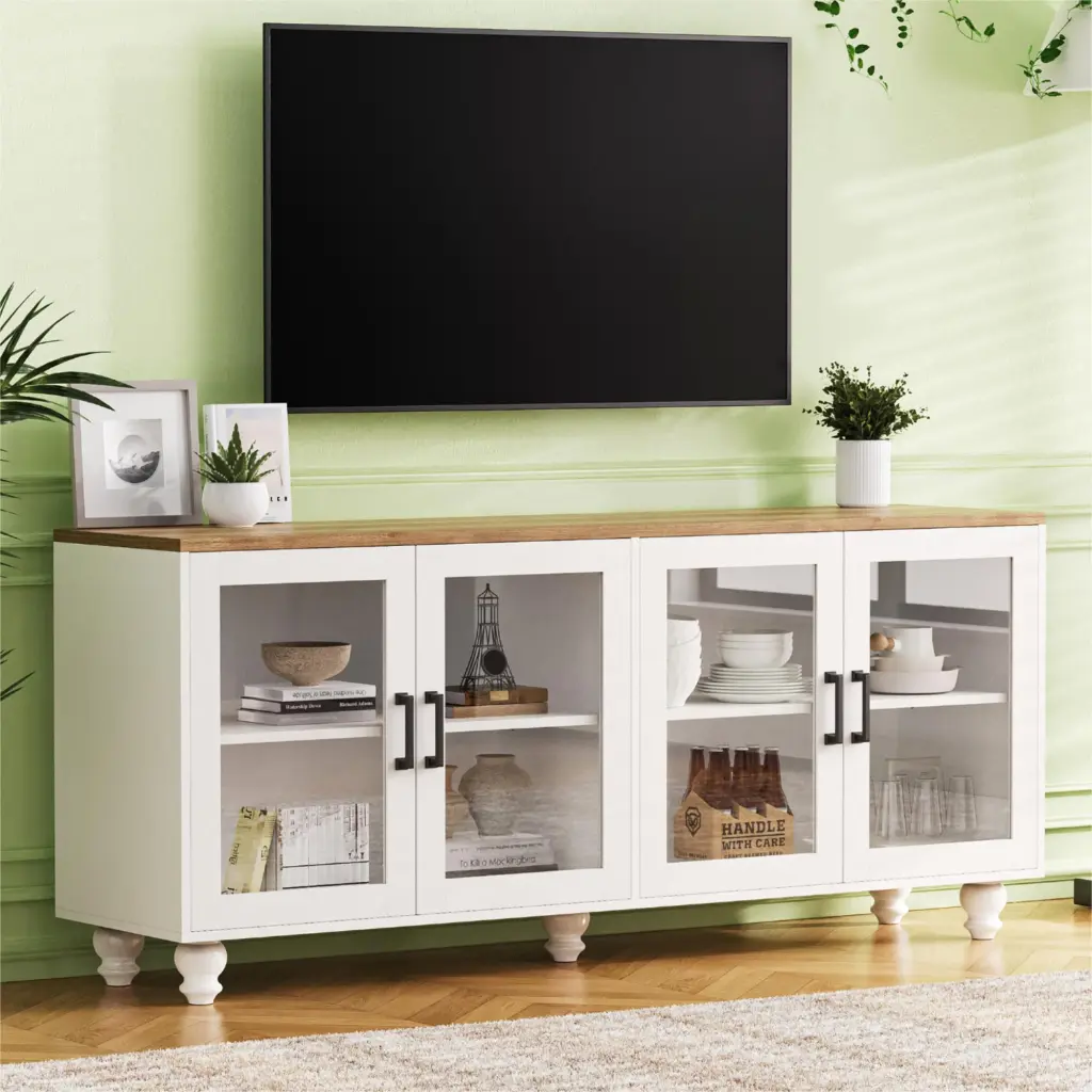 Farmhouse TV Stand Tempered Glass Doors TVs Up To 70 Inches on-trend