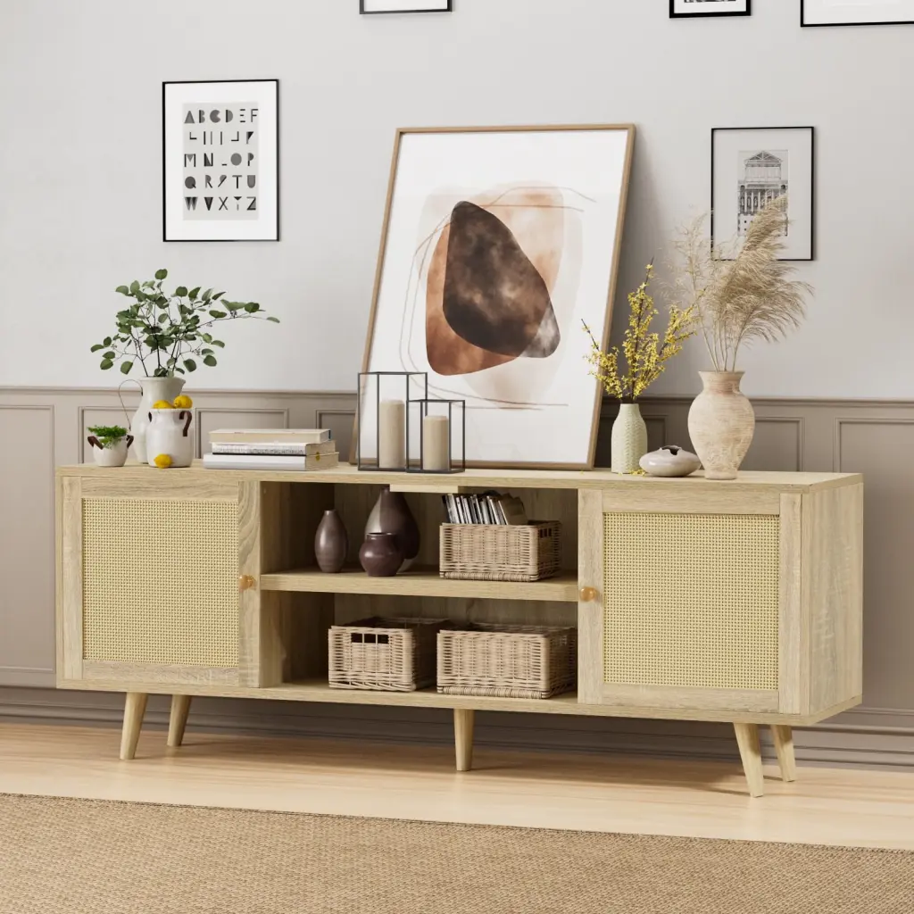 Oneinmil 67 Inch Rattan TV Console TVs up to 75 Inches Oak