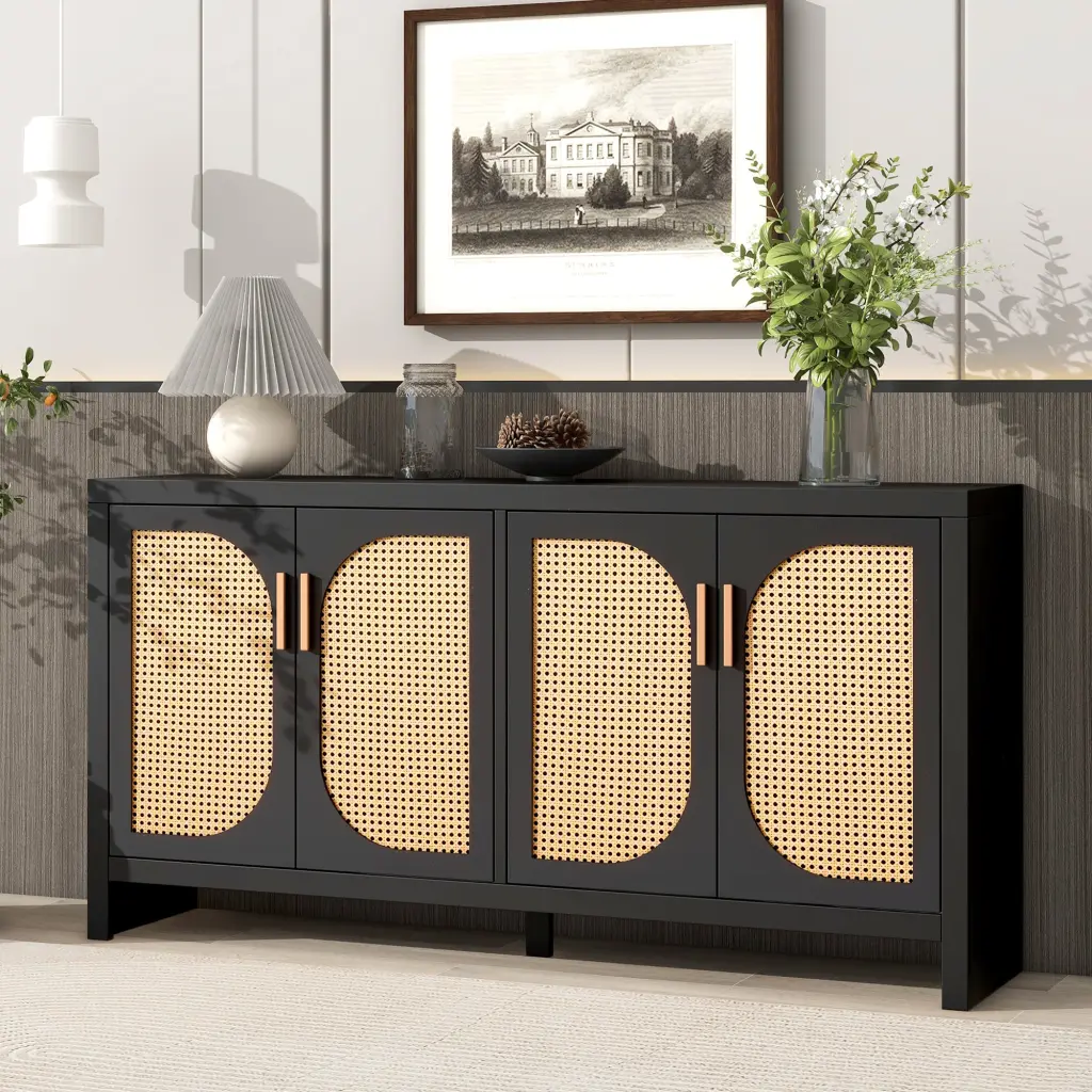 Modern TV Stand 65 Inch TV Rattan Doors and Customizable Shelves rnb