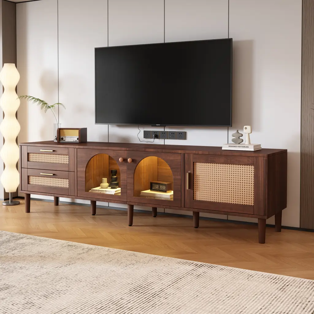 Rattan TV Stand 3 Cabinets and 2 Drawers Media Storage rnb