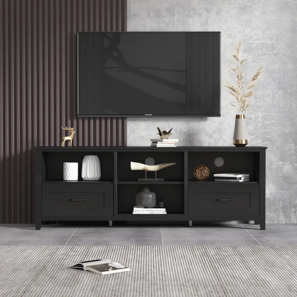 70.08 Inch Length Black TV Stand Living Room And Bedroom 2 Drawers samchy