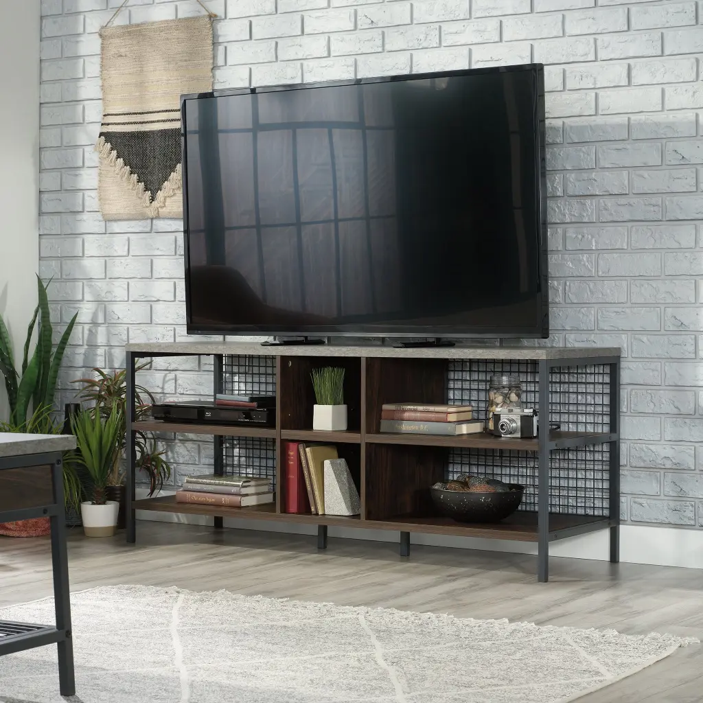 Sauder Market Commons Rich Walnut Finish Metal and Wood TV Stand TVs up to 60 Inches