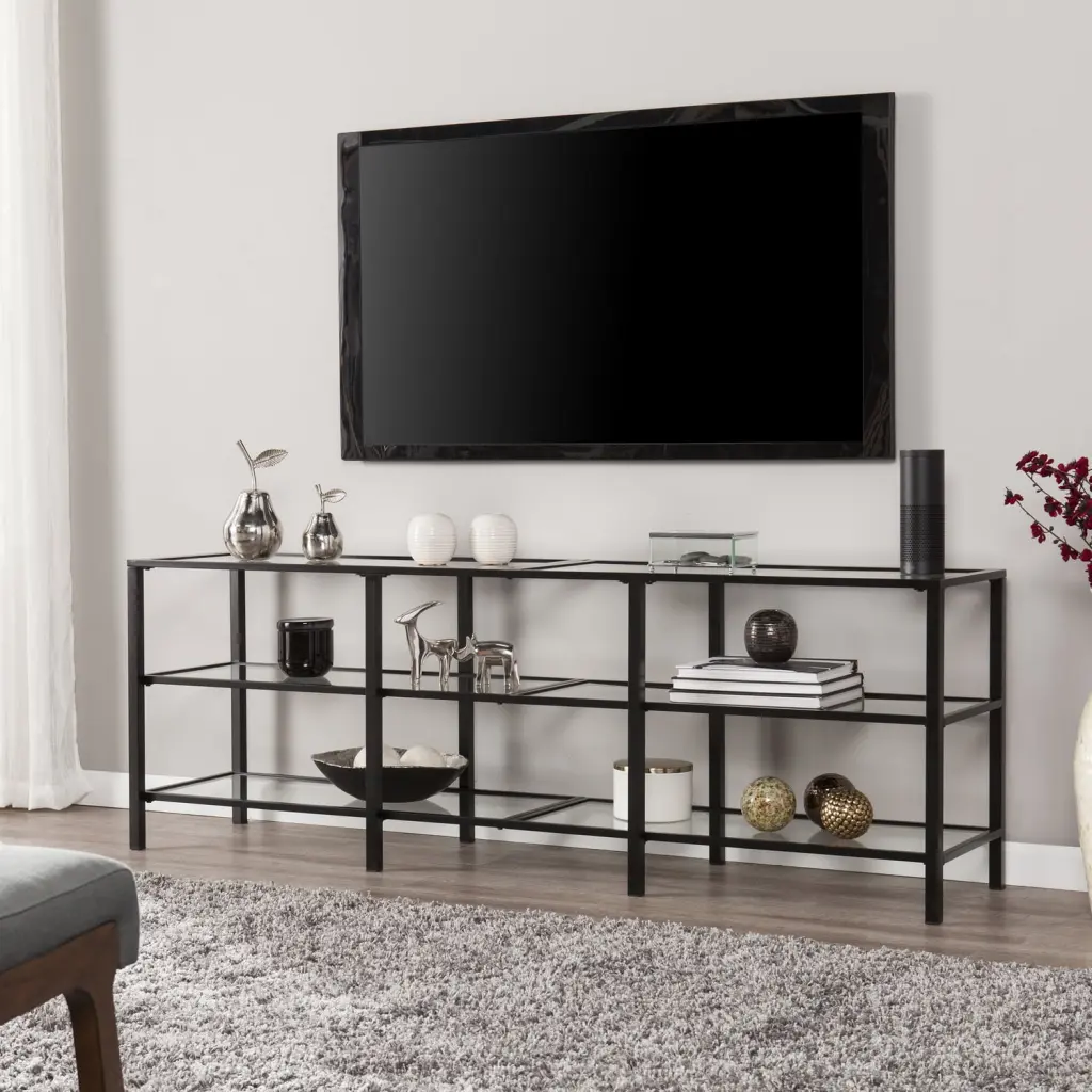 SEI Furniture Tyler Transitional Matte Black Metal and Glass TV Stand Southern Enterprises