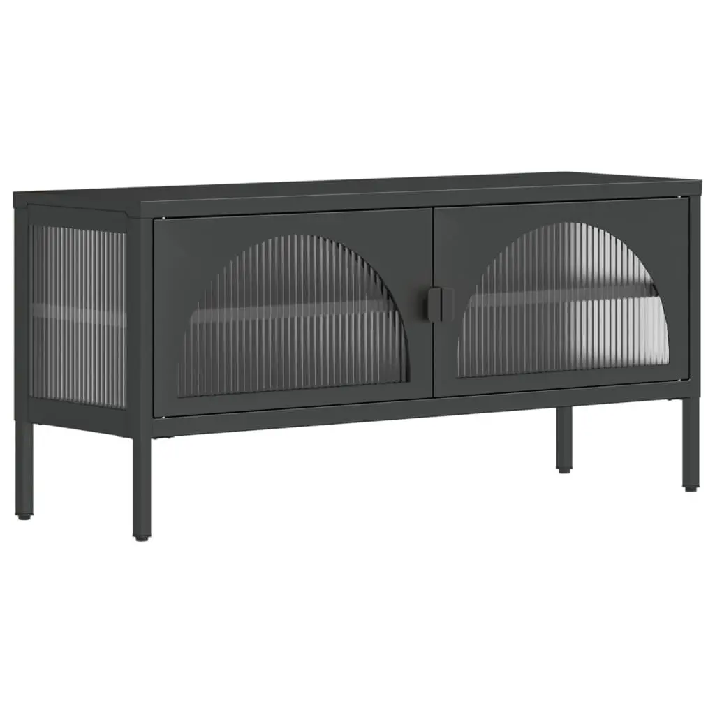 TV Stand Black 41.3x13.8x19.7 Inches Glass and Steel Modern Entertainment Center