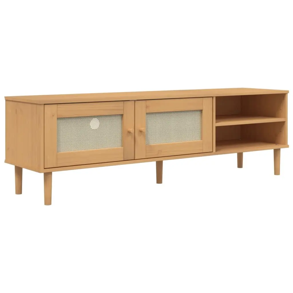 TV Stand SENJA Rattan Look Brown 62.2x15.7x19.3 Inches Solid Wood Pine Entertainment Center
