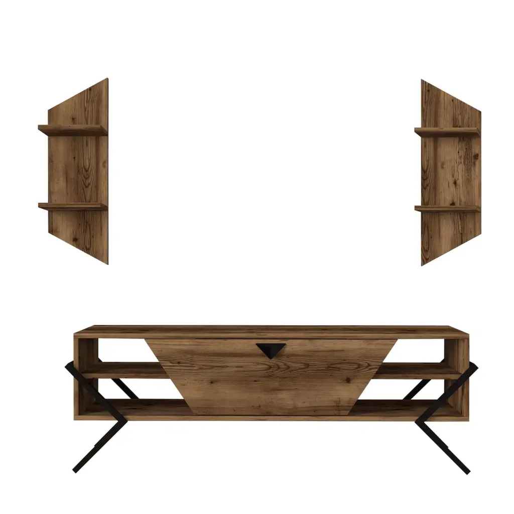 Urban Port 55 Inch Walnut TV Console Drop Down Door and Wall Shelves - Black Entertainment Center