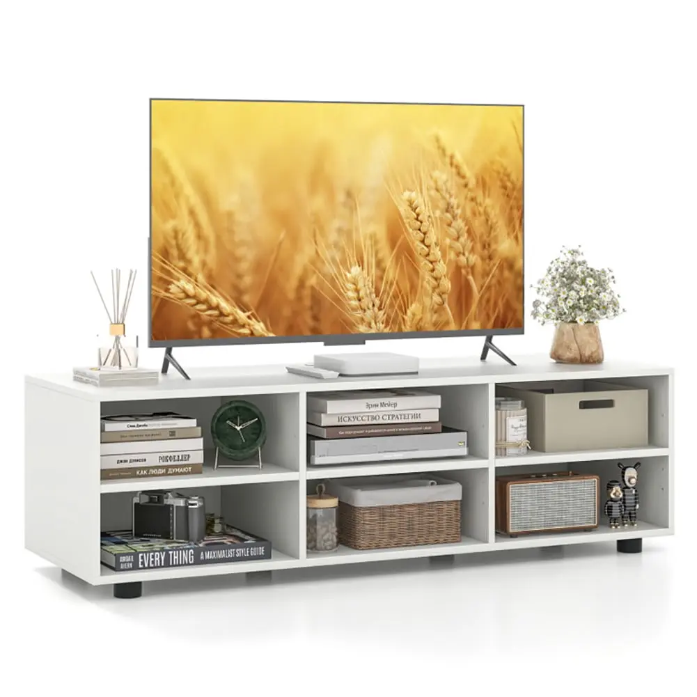 Topcobe Modern White TV Stand 6 Cabinets and Open Shelves - Media Console Living Room