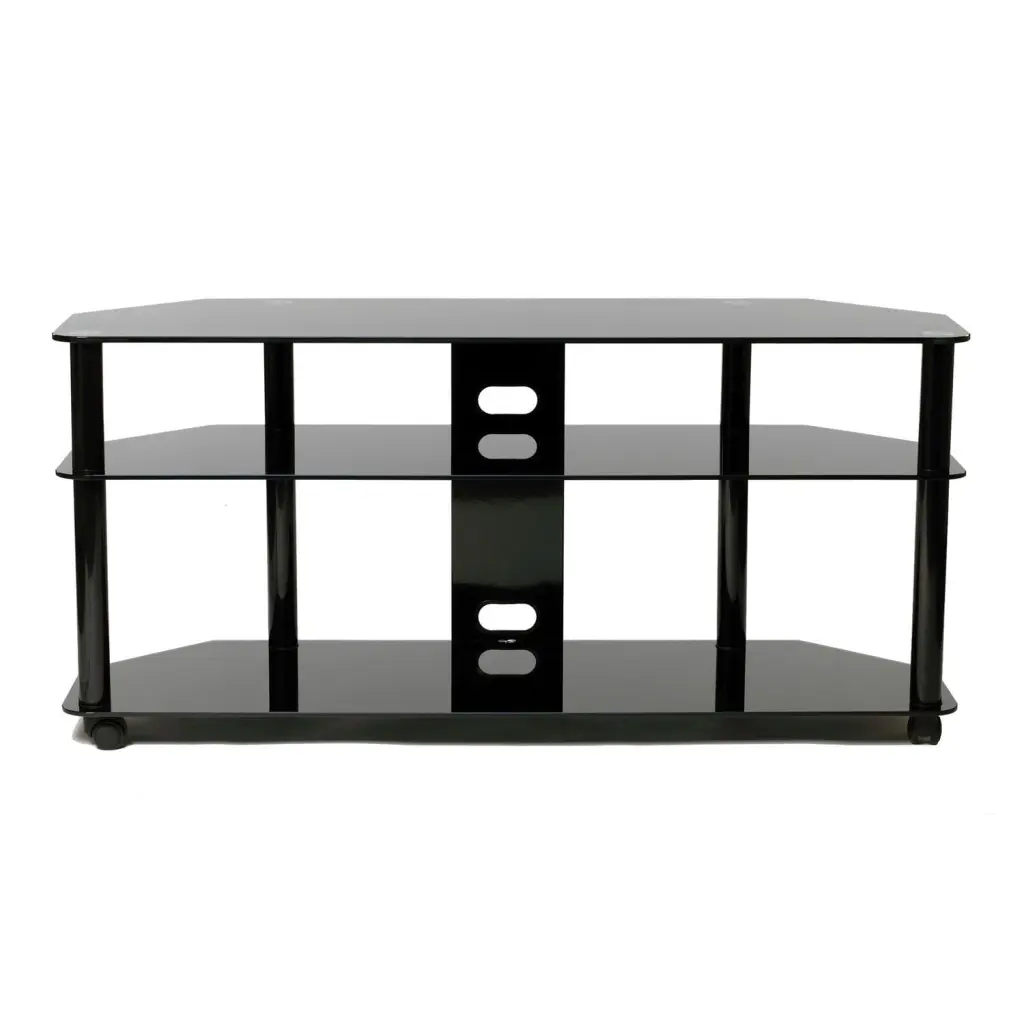 55 Inch Gloss Black Tempered Glass TV Stand High Gloss Black Metal Poles Transdeco International