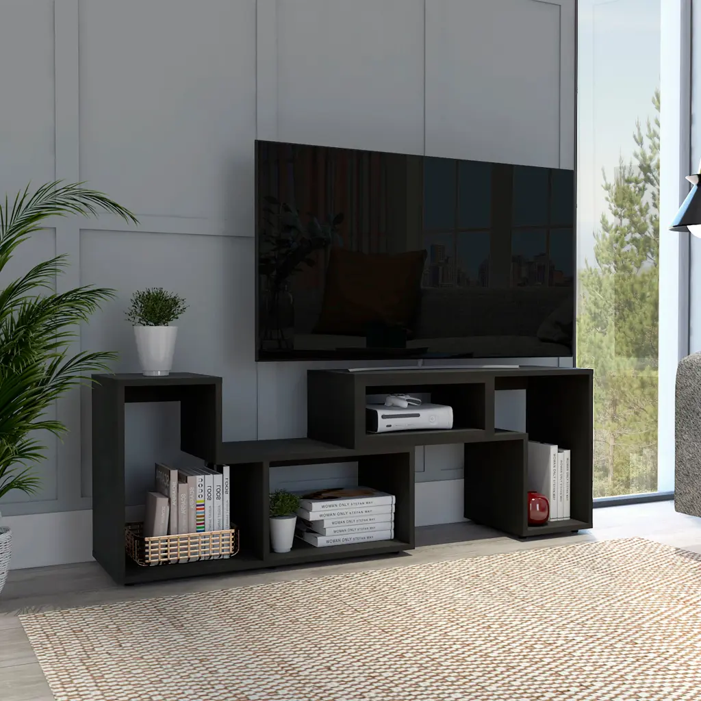 Being Extendable TV Stand Multiple Shelves Black Living Room tuhome