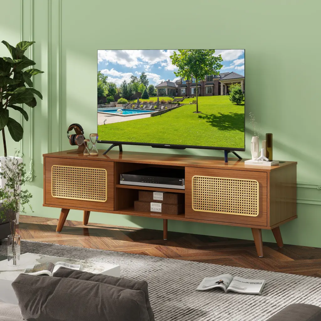 Mid Century Modern Rattan TV Stand 55 60 65 Inch Entertainment Center w2977
