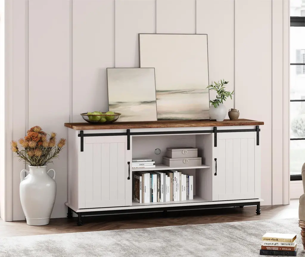 Farmhouse Sliding Barn Door TV Stand TVs up to 65 Inches Rustic White Wampat