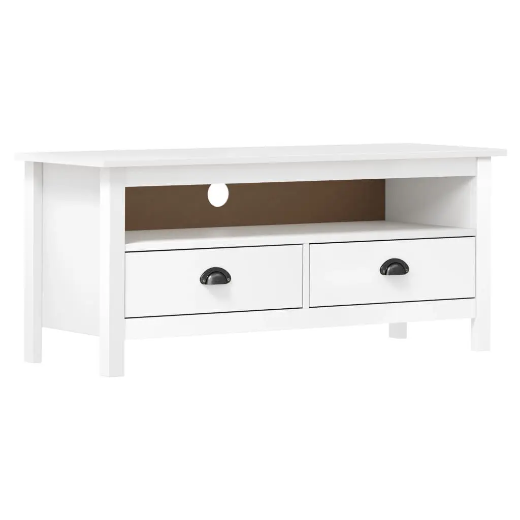 White Solid Pine Wood TV Stand 43.3 Inch Rustic Farmhouse Style