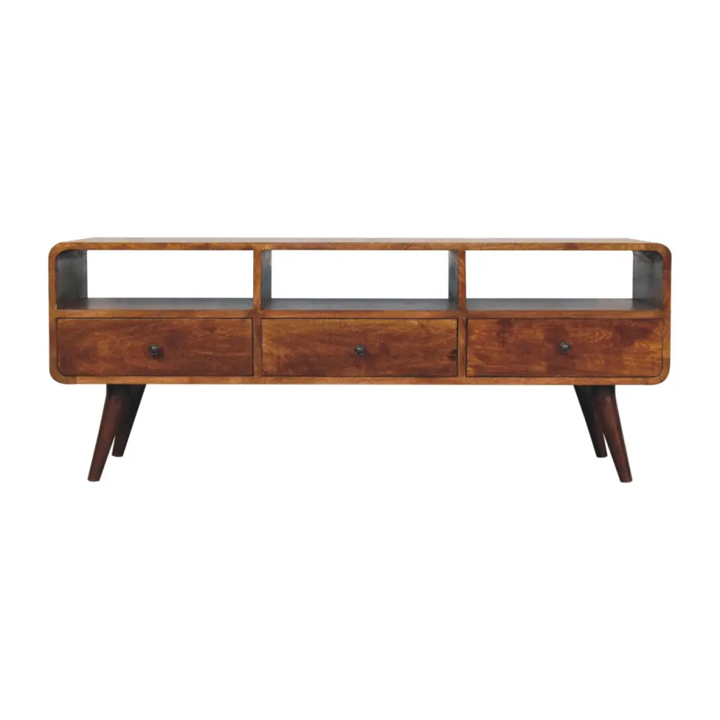 Solid Wood Trio Curved Chestnut Media Unit Antique Bronze Brown Primary artisan furniture