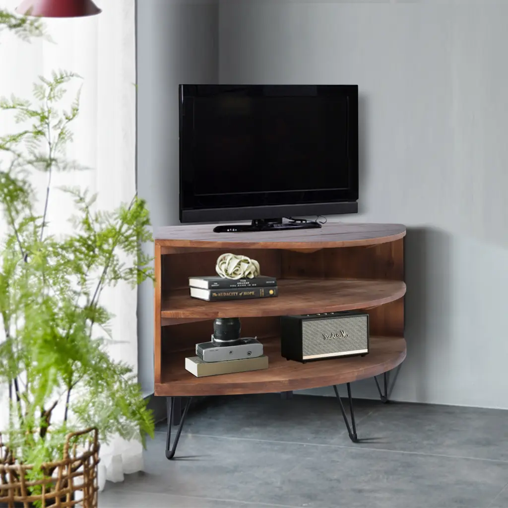 Fan Shape Reclaimed Timber Corner Media Table Living Room housemart