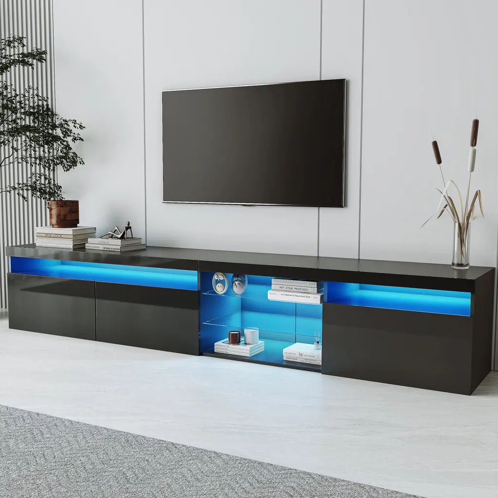 Unique Design TV Stand 2 Glass Shelves and Large Storage Space Media Console rnb