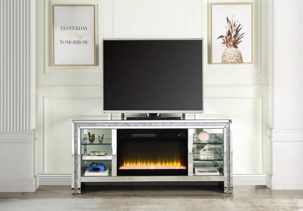 Noralie TV Stand Fireplace LED Mirrored Back and Faux Diamonds LV00317 SI acme onsite store