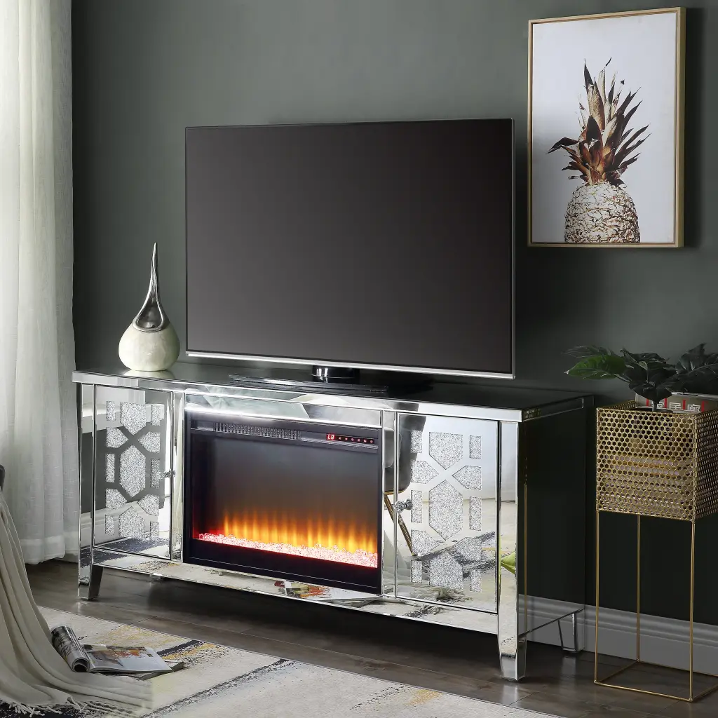 Noralie Tv Stand Fireplace Mirrored & Faux Gemstones Shiny Metal acme onsite store