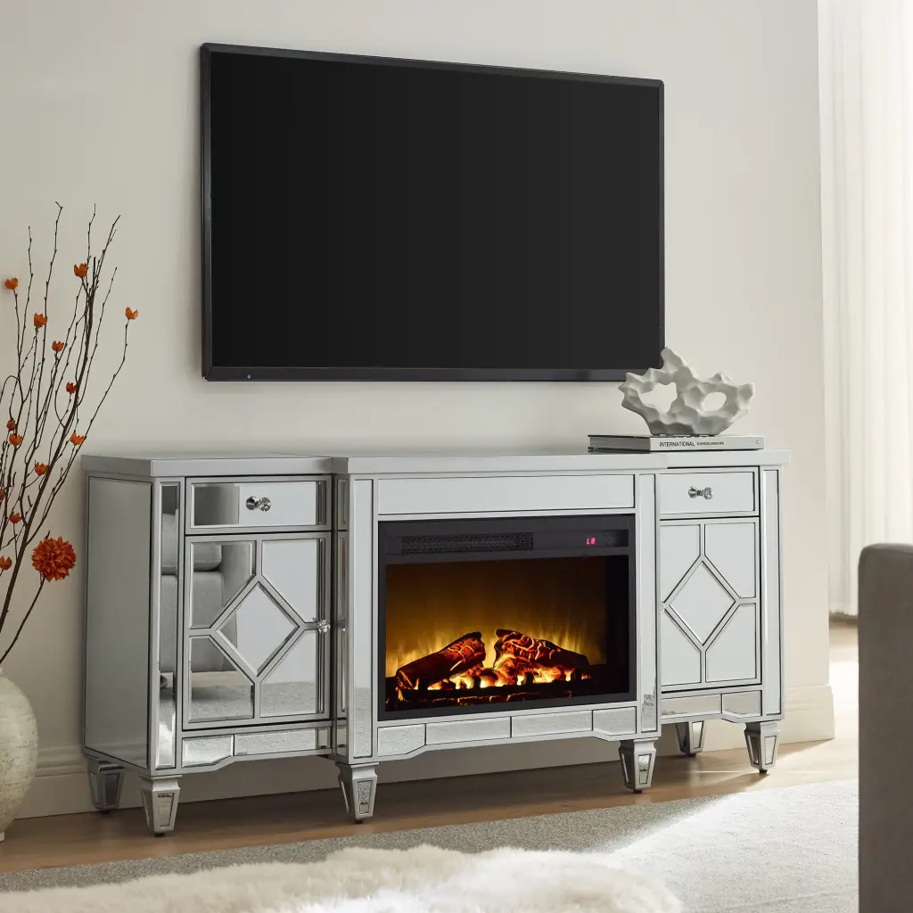 AUWHALEUS Silver Mirrored TV Stand Fireplace and Storage Cabinets