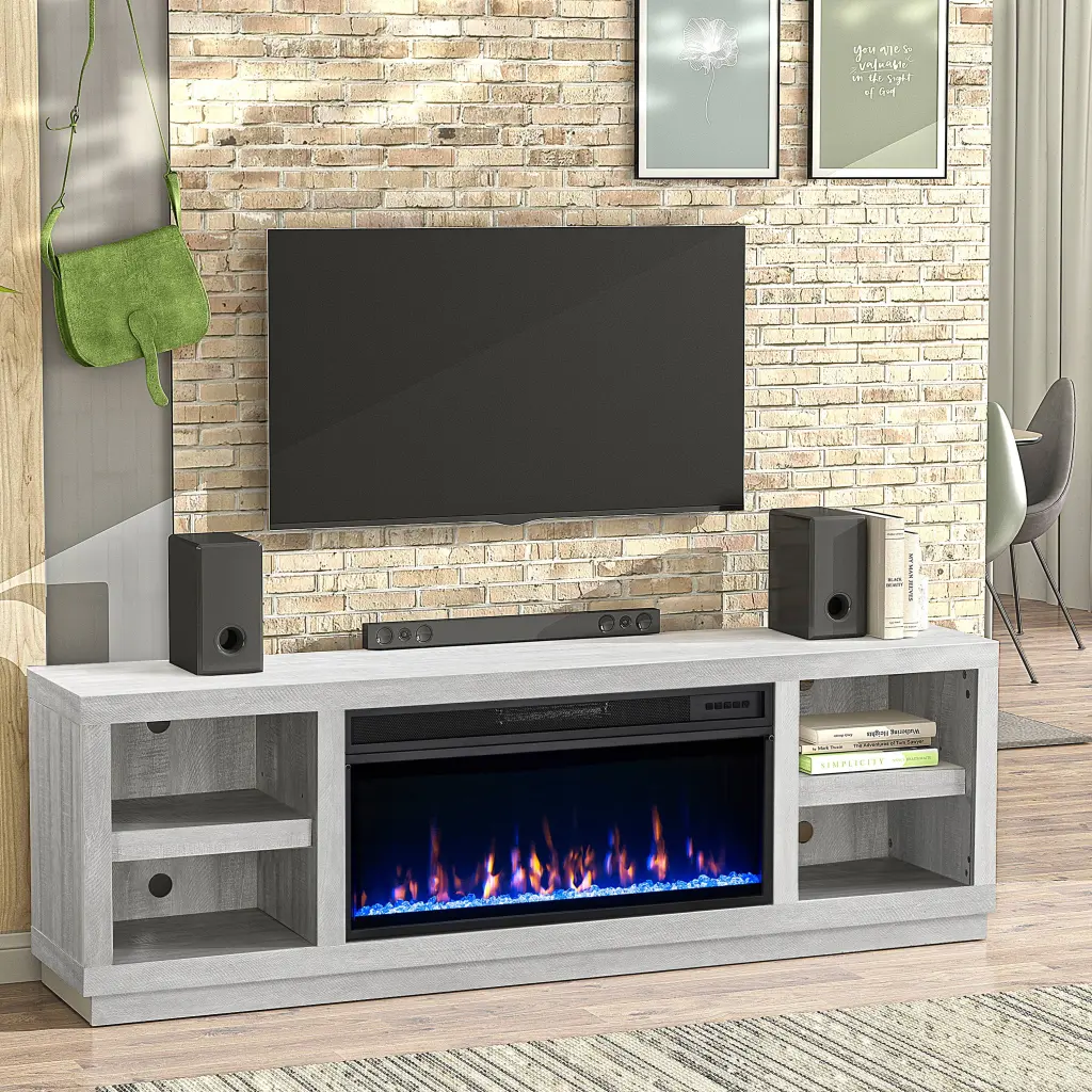 FESTIVO 77 Inch TV Stand Electric Fireplace TVs up to 85 Inches Saw Cut Off White