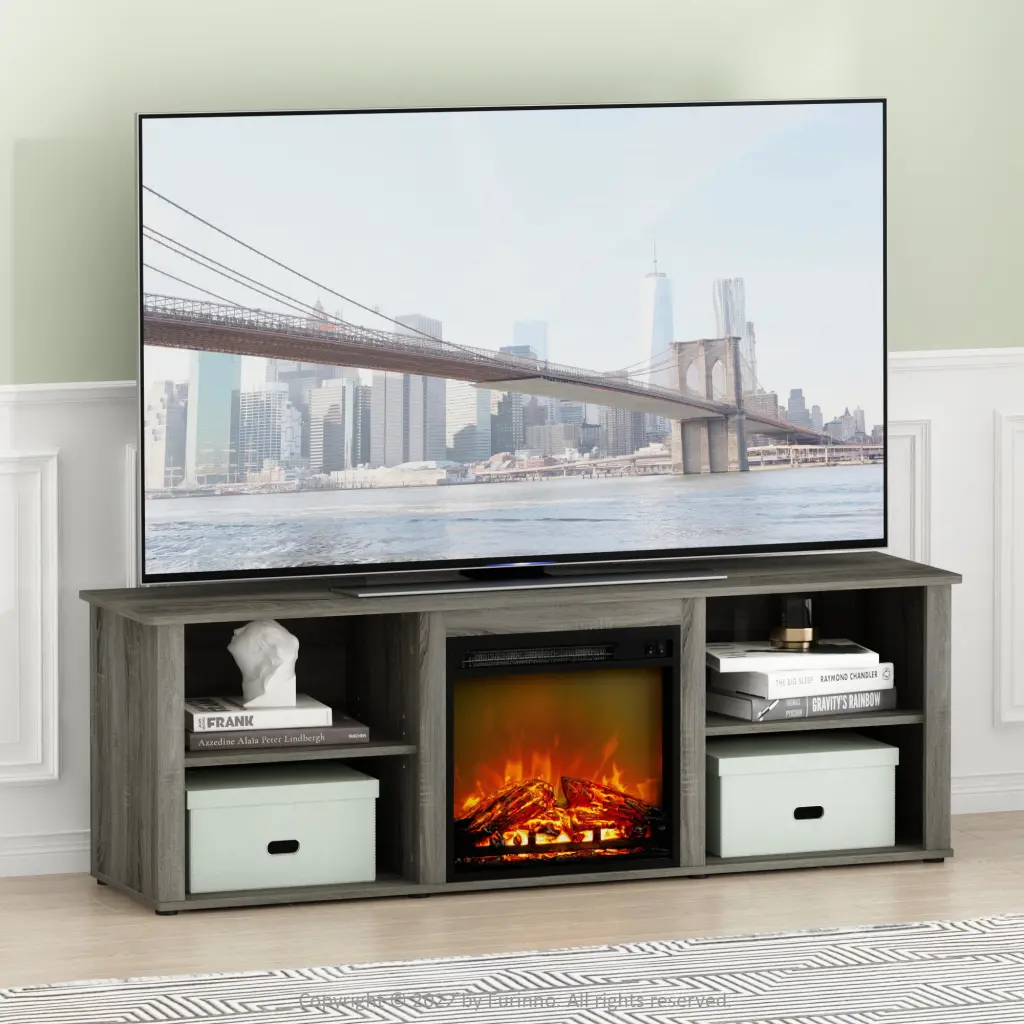 Furinno Montale 70 Inch TV Stand Fireplace French Oak Grey Modern Entertainment Center