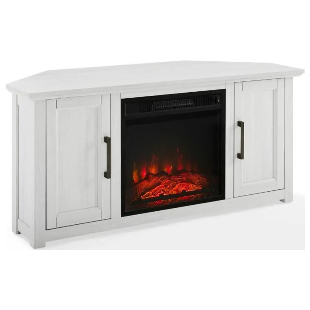 HomeStock Retro Renaissance 48 Inch Corner TV Stand Fireplace Whitewash