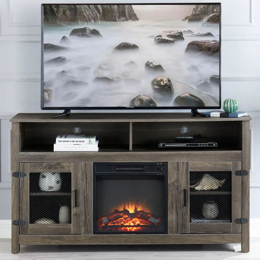 Oyang Farmhouse TV Stand Electric Fireplace and Adjustable Shelves 65-Inch TVs