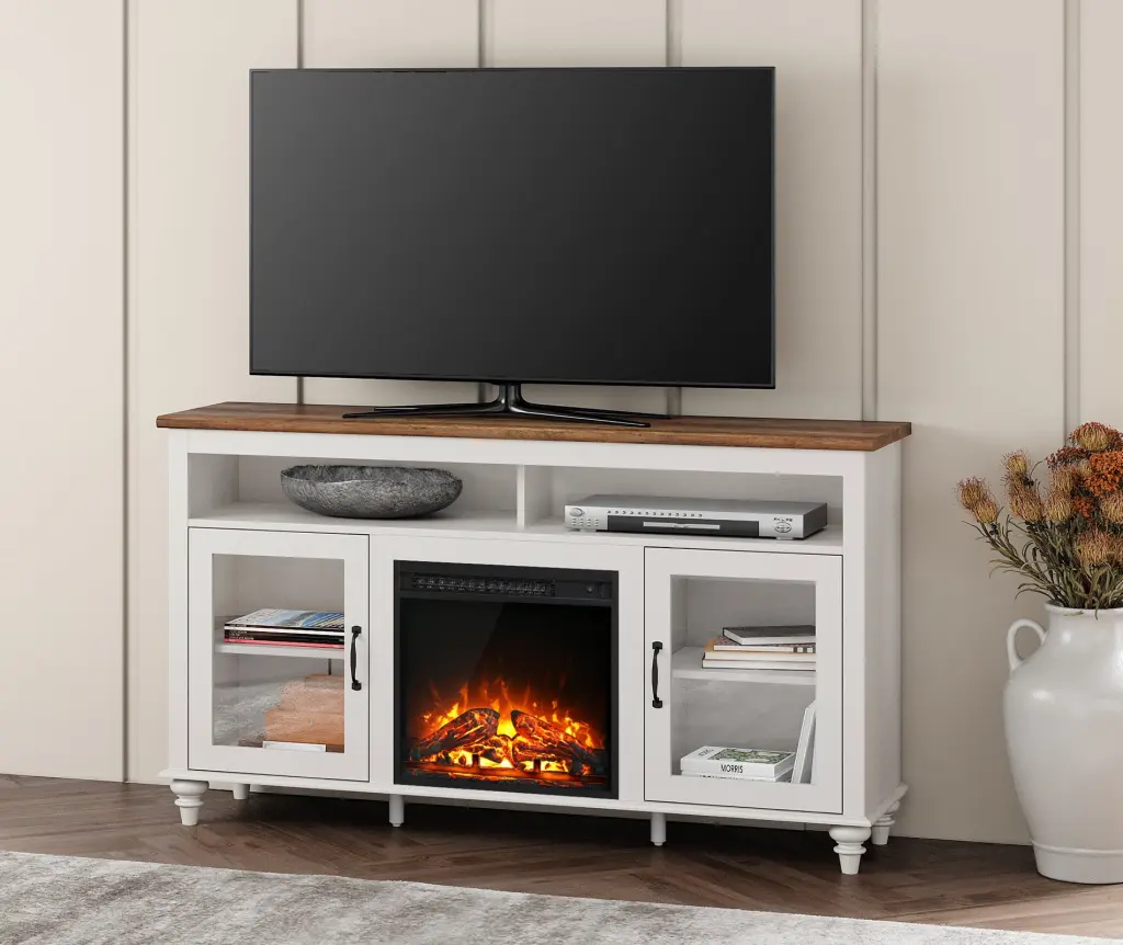 WAMPAT 58-Inch Highboy TV Stand Electric Fireplace - Farmhouse Style Wood Entertainment Center Glass Door