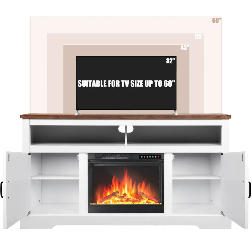 Besttey TV Stand Electric Fireplace TVs up to 60 Inches Wooden Storage Cabinet Adjustable LED Flame Pearl White