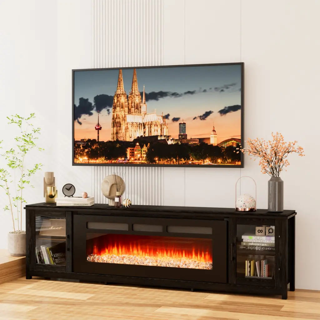 Sunmthink 80 Inch Fireplace TV Stand, Entertainment Center 50 Electric Fireplace, Media Console Table Living Room, Black