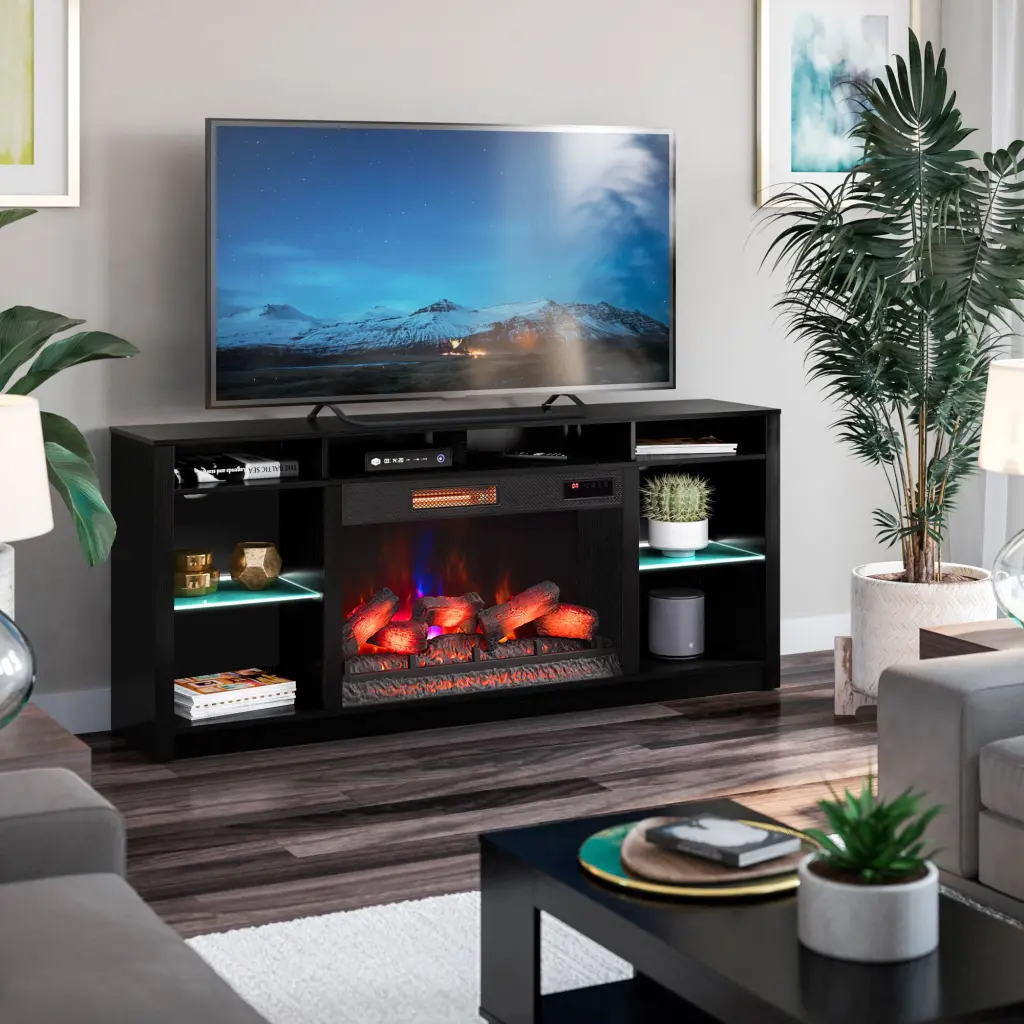 Twin Star Home Modern Contemporary TV Stand TVs up to 80 33 Electric Fireplace and Interior Lights Black