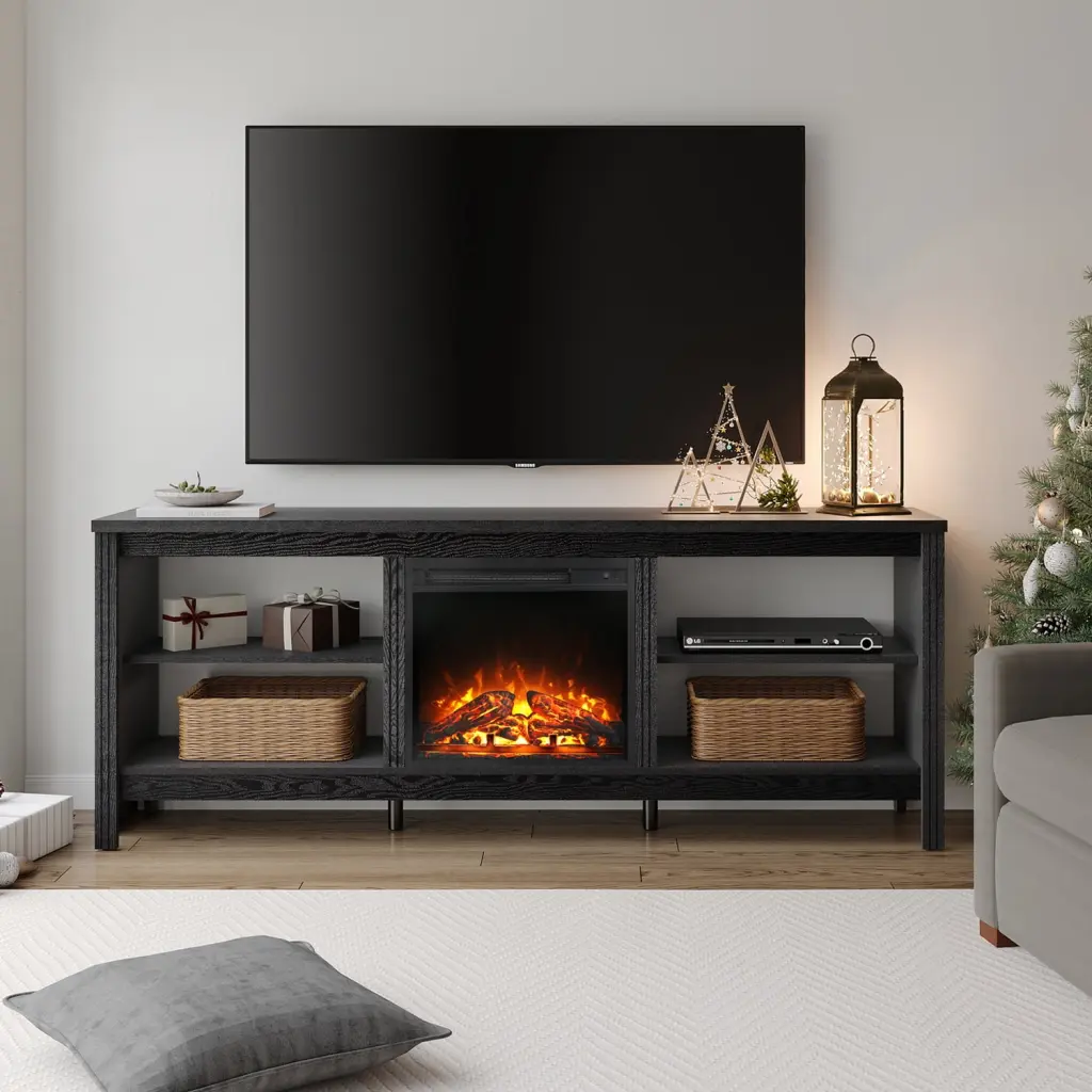 WAMPAT Black Farmhouse Electric Fireplace TV Stand TVs up to 75 Inches Entertainment Center